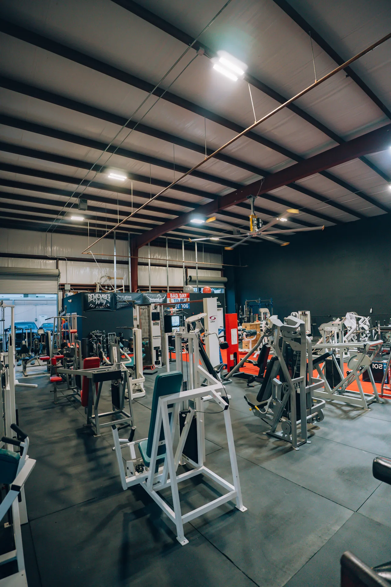 A view across the strength training floor at Redline Barbell